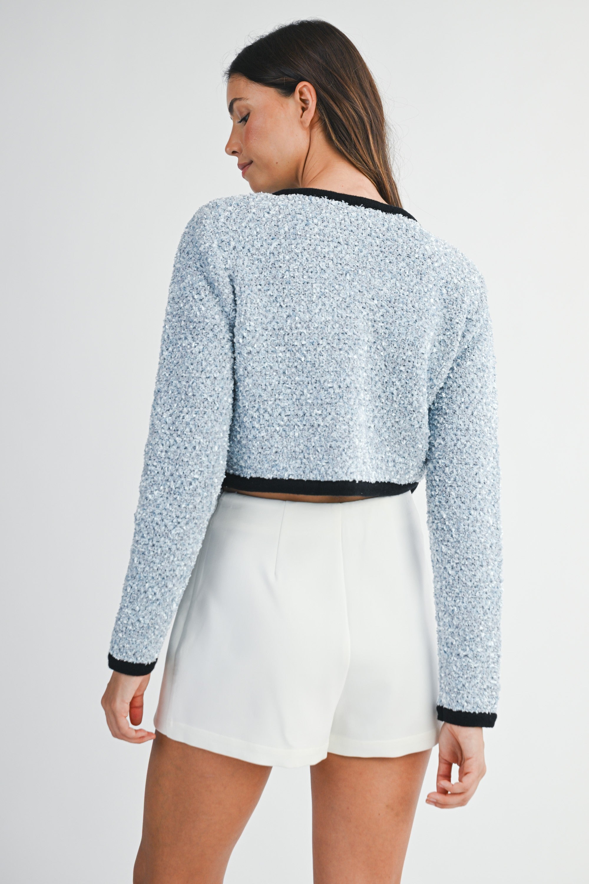 Powder Blue Textured Button Cardigan with Black Trim