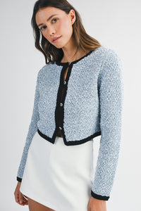Powder Blue Textured Button Cardigan with Black Trim