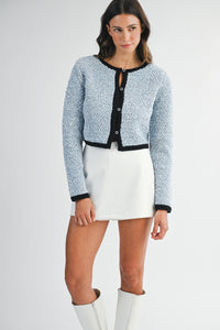 Powder Blue Textured Button Cardigan with Black Trim