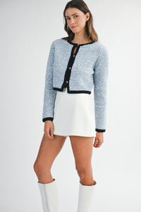 Powder Blue Textured Button Cardigan with Black Trim