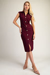 Burgundy Button-Front Collared Midi Dress