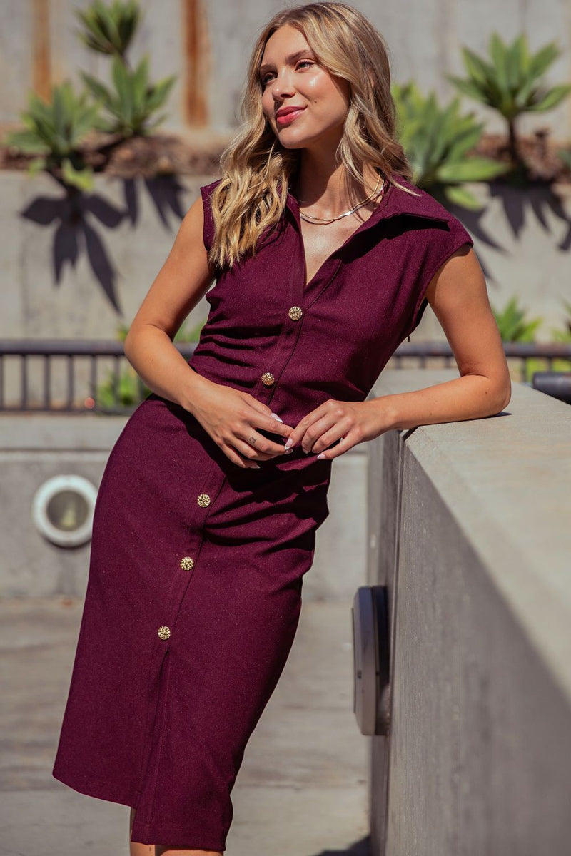 Burgundy Button-Front Collared Midi Dress