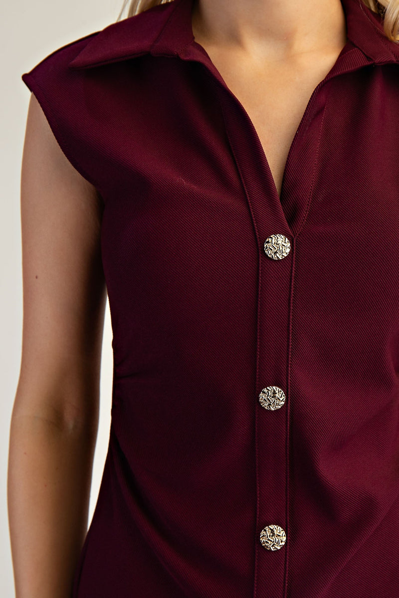 Burgundy Button-Front Collared Midi Dress
