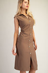 Taupe Button-Front Collared Midi Dress