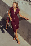 Burgundy Button-Front Collared Midi Dress