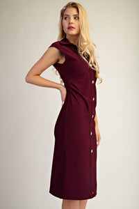 Burgundy Button-Front Collared Midi Dress