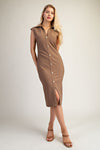 Taupe Button-Front Collared Midi Dress