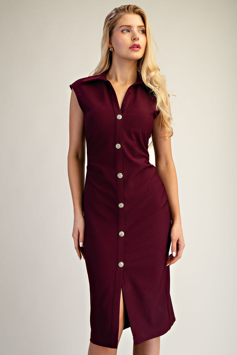 Burgundy Button-Front Collared Midi Dress
