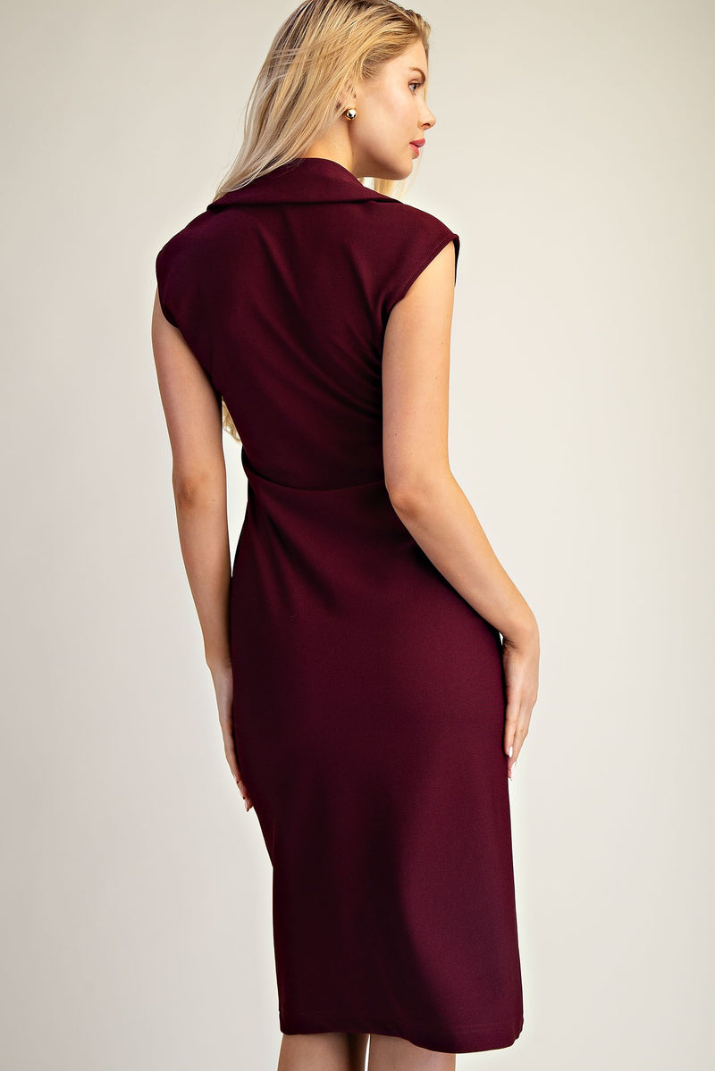 Burgundy Button-Front Collared Midi Dress