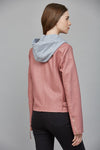 Blush Pink Leather Moto Jacket with Hoodie Insert