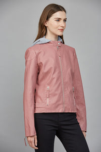 Blush Pink Leather Moto Jacket with Hoodie Insert