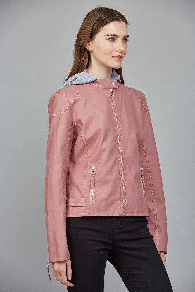 Blush Pink Leather Moto Jacket with Hoodie Insert