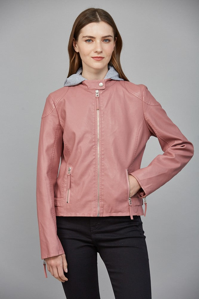 Blush Pink Leather Moto Jacket with Hoodie Insert