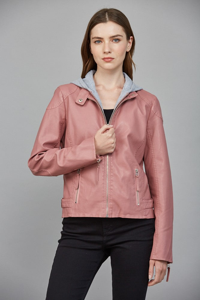 Blush Pink Leather Moto Jacket with Hoodie Insert