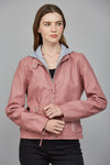 Blush Pink Leather Moto Jacket with Hoodie Insert