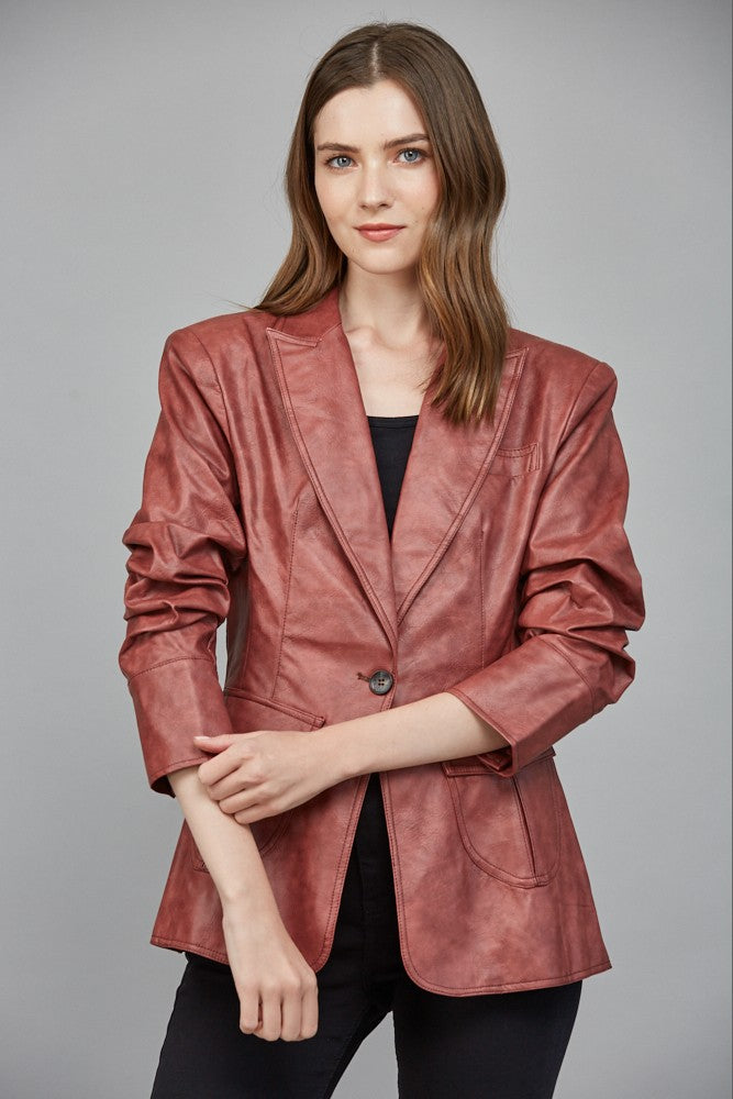 Red Leather Blazer with Tailored Fit and Button Cuff Detail