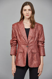 Red Leather Blazer with Tailored Fit and Button Cuff Detail