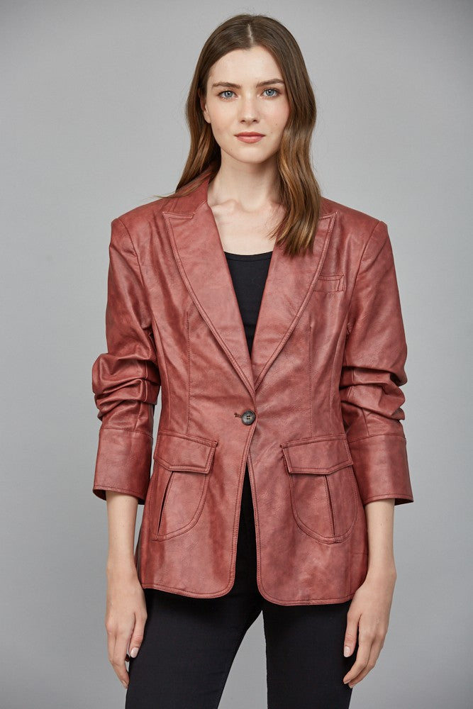 Red Leather Blazer with Tailored Fit and Button Cuff Detail