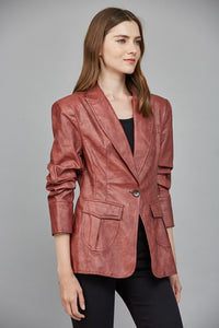 Red Leather Blazer with Tailored Fit and Button Cuff Detail