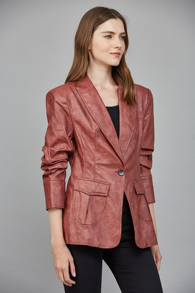 Red Leather Blazer with Tailored Fit and Button Cuff Detail