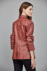 Red Leather Blazer with Tailored Fit and Button Cuff Detail
