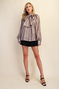 Animal Print Bow Blouse with Billowy Sleeves