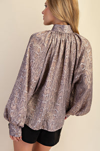 Animal Print Bow Blouse with Billowy Sleeves