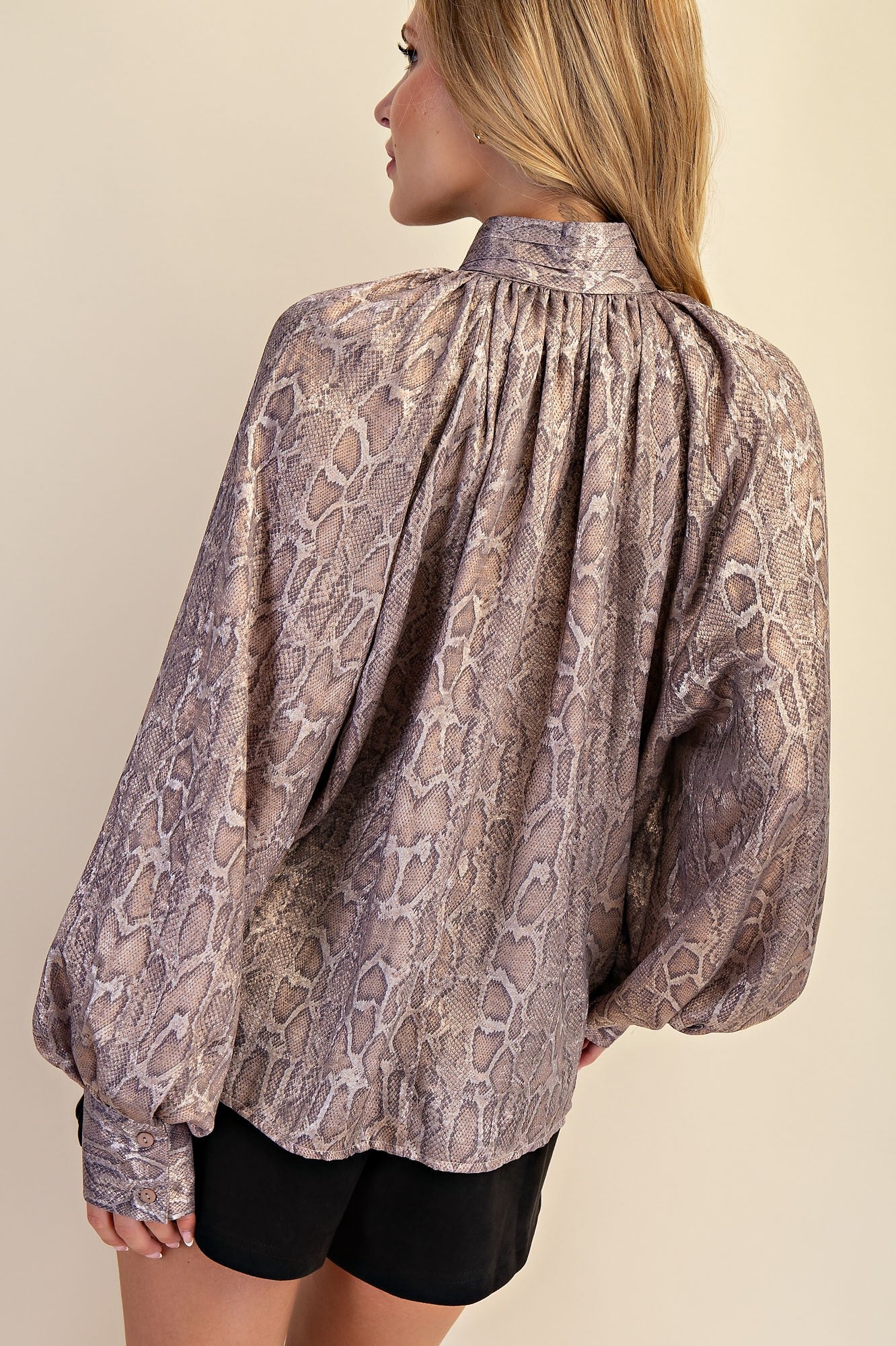 Animal Print Bow Blouse with Billowy Sleeves