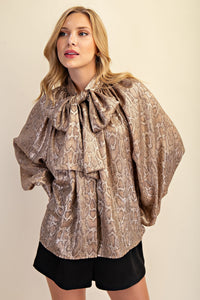 Animal Print Bow Blouse with Billowy Sleeves