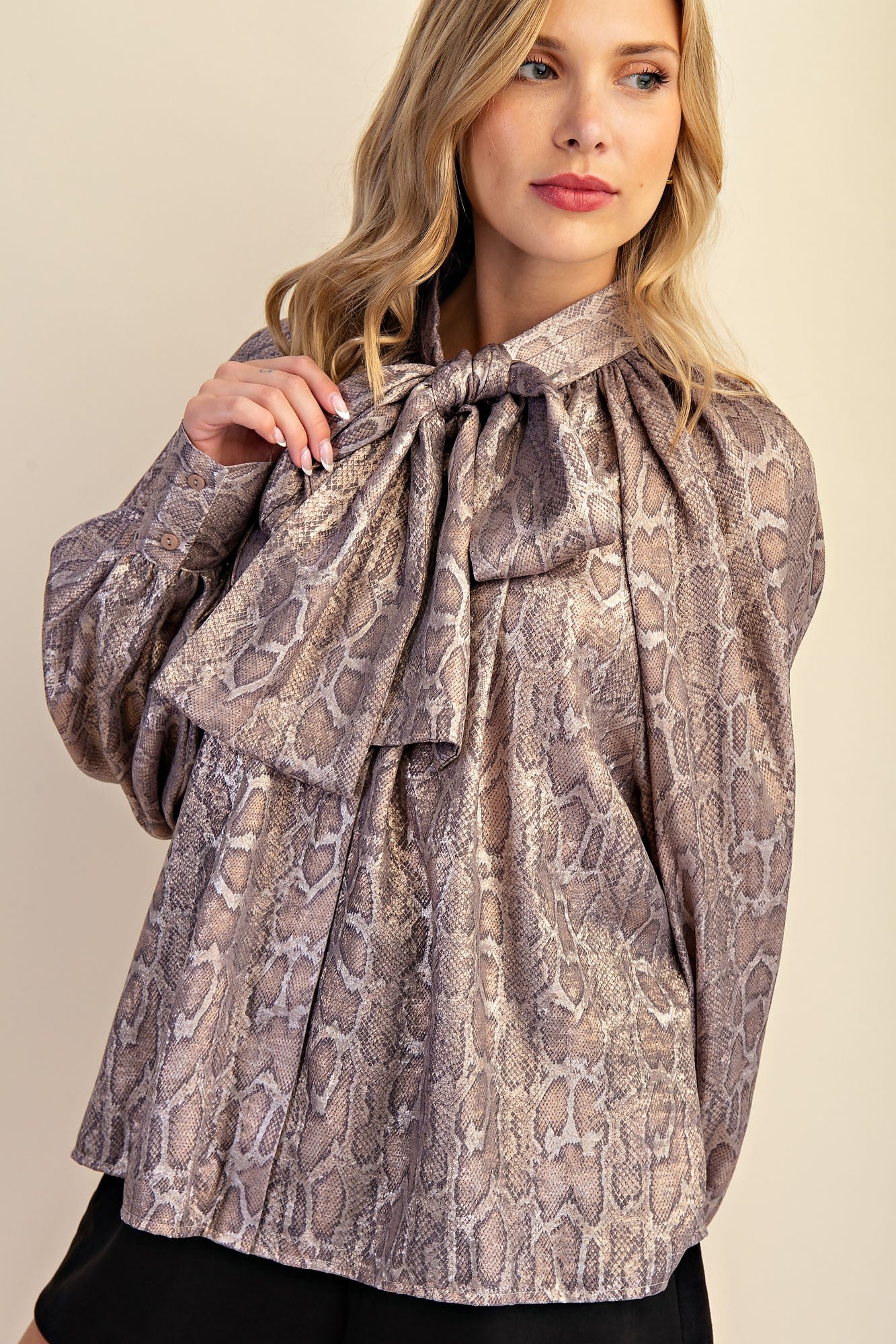 Animal Print Bow Blouse with Billowy Sleeves