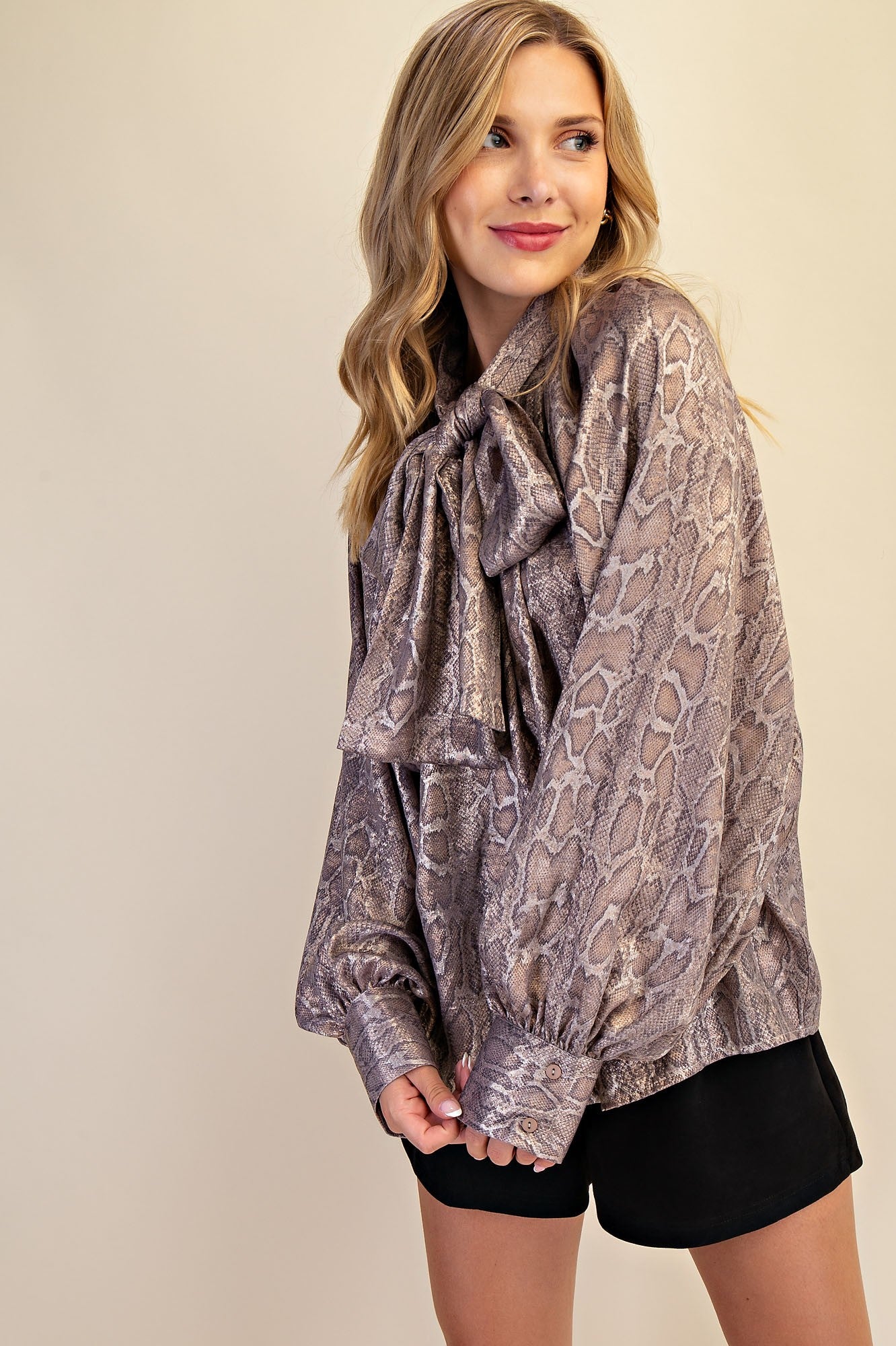 Animal Print Bow Blouse with Billowy Sleeves