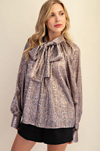 Animal Print Bow Blouse with Billowy Sleeves