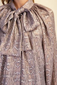 Animal Print Bow Blouse with Billowy Sleeves