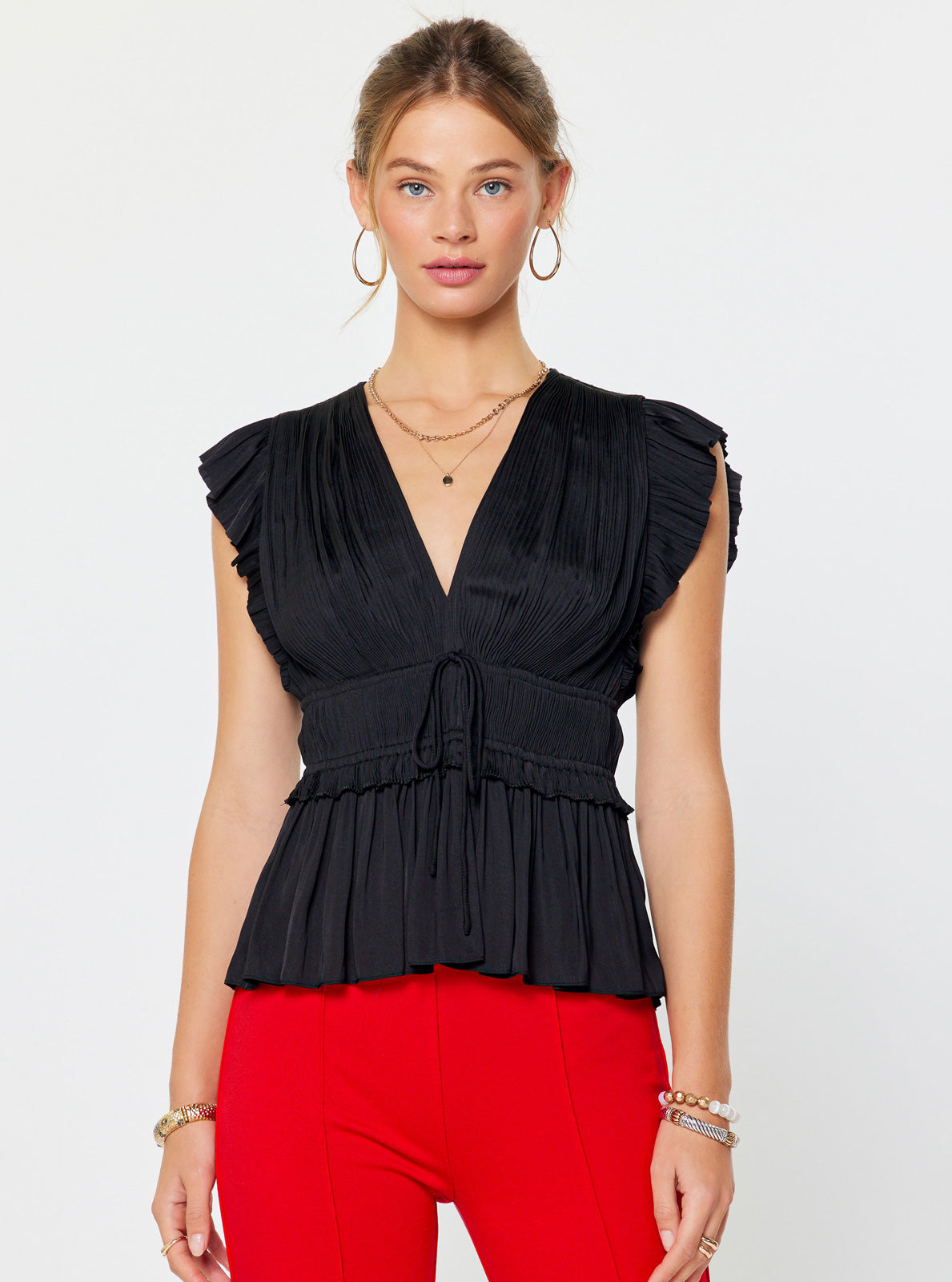 Black Pleated Flutter Sleeve Blouse with Drawstring Waist