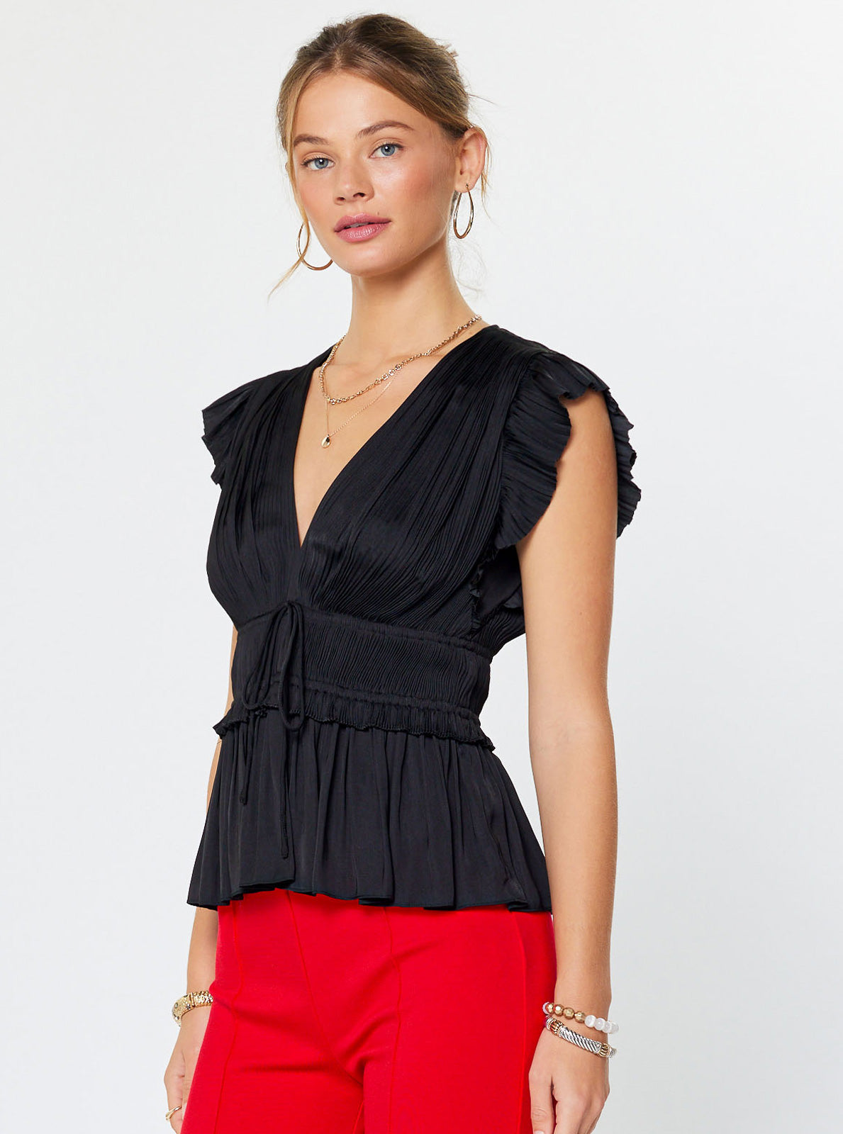 Black Pleated Flutter Sleeve Blouse with Drawstring Waist