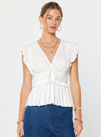 White Pleated Flutter Sleeve Blouse with Drawstring Waist