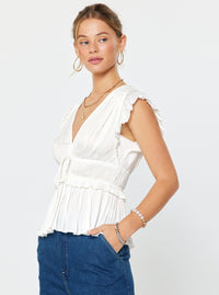 White Pleated Flutter Sleeve Blouse with Drawstring Waist