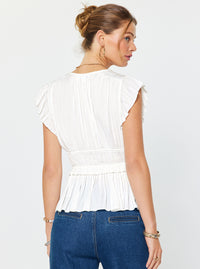 White Pleated Flutter Sleeve Blouse with Drawstring Waist