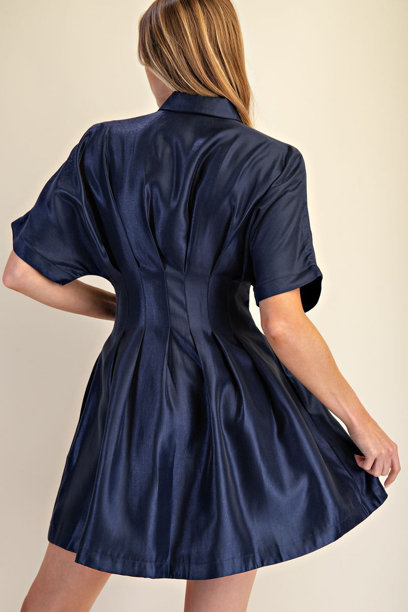 Satin Button-Up Fit & Flare Shirt Dress - Blue