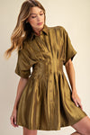 Satin Button-Up Fit & Flare Shirt Dress - Olive