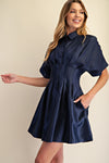 Satin Button-Up Fit & Flare Shirt Dress - Blue