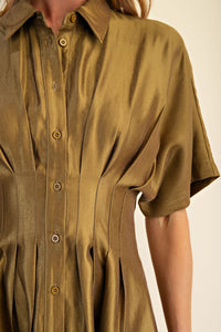 Satin Button-Up Fit & Flare Shirt Dress - Olive