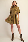 Satin Button-Up Fit & Flare Shirt Dress - Olive