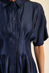 Satin Button-Up Fit & Flare Shirt Dress - Blue