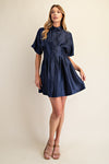 Satin Button-Up Fit & Flare Shirt Dress - Blue
