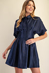 Satin Button-Up Fit & Flare Shirt Dress - Blue