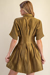Satin Button-Up Fit & Flare Shirt Dress - Olive