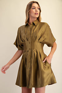 Satin Button-Up Fit & Flare Shirt Dress - Olive