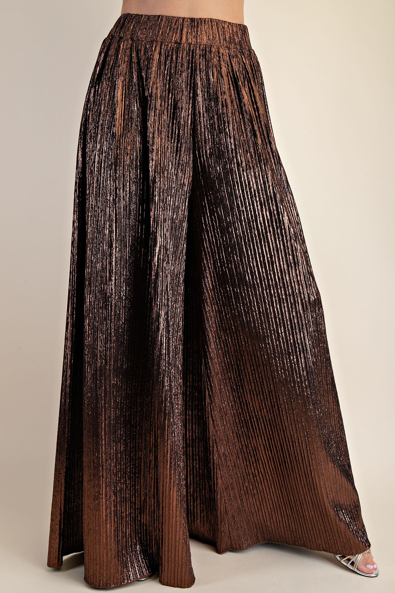 Metallic Bronze Pleated Wide-Leg Palazzo Pants
