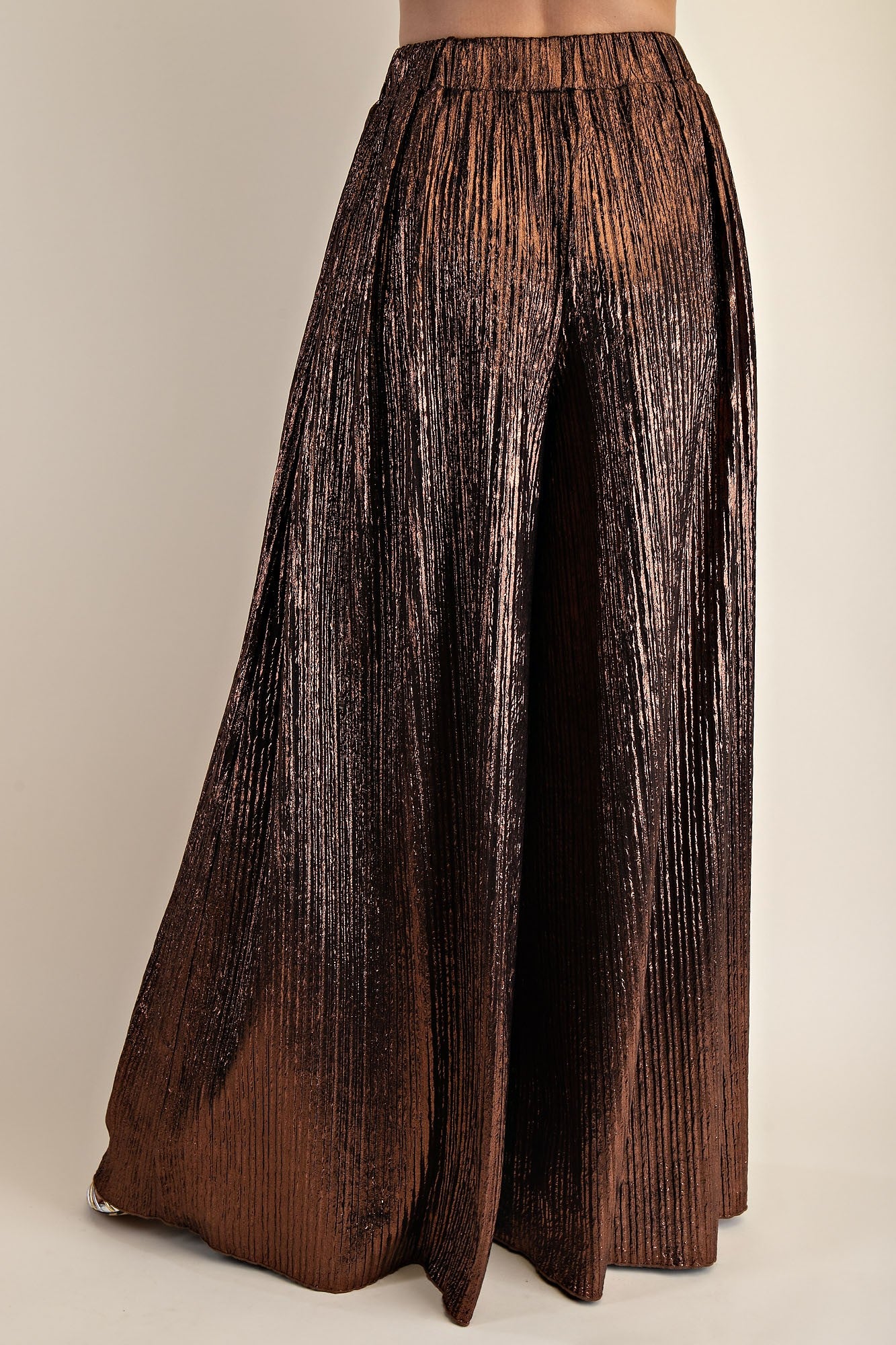 Metallic Bronze Pleated Wide-Leg Palazzo Pants